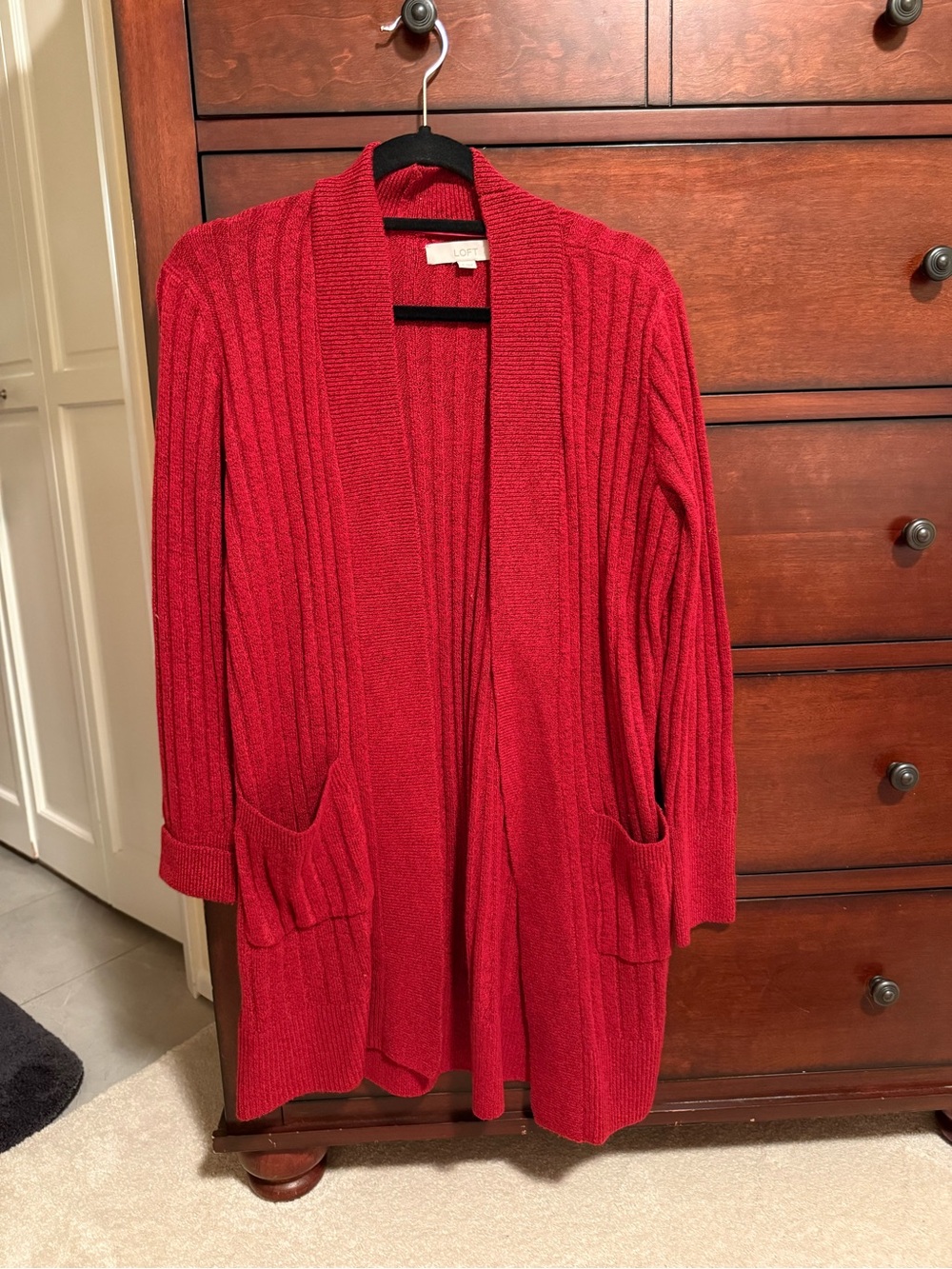 LOFT Red Ribbed Open-Front Cardigan with Pockets